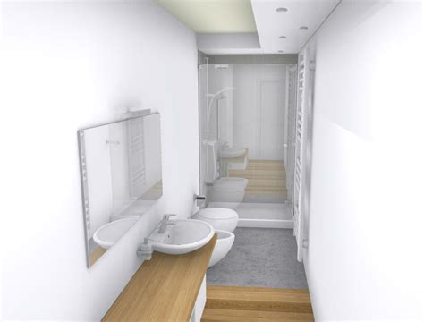 Due soluzioni progettuali per disporre correttamente i sanitari ed in particolare l'elemento doccia all'interno di un servizio igienico lungo 3,40 m e largo 1,40 m. Bagno lungo e stretto: consigli di relooking