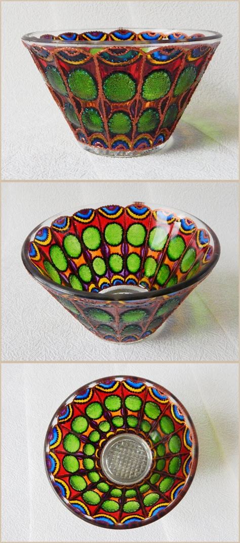 Glass Salad Bowl Hand Painted Candle Holder Rainbow Colors