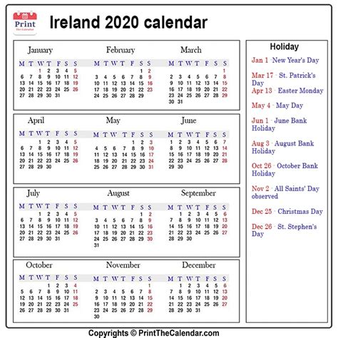 Ireland Holidays 2020 2020 Calendar With Ireland Holidays