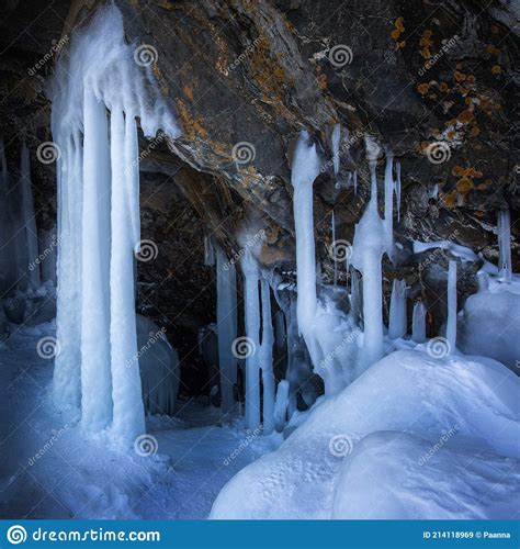 Ice Cave Icicles In The Rocky Caves Lake Baikal In Winter Siberia