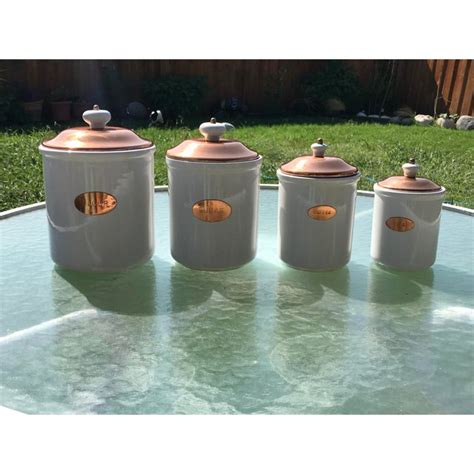 Shop copper kitchenware at wilko. Vintage White Ceramic & Copper Kitchen Canisters With Lids ...