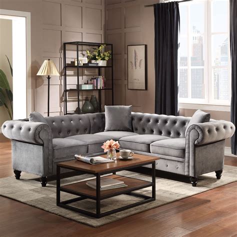 Velvet Tufted Sofa For Living Room Urhomepro Mid Century L Shape