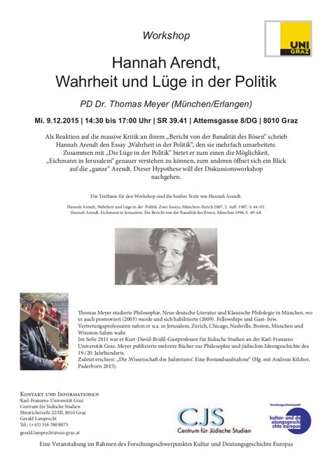 Vortrag Hannah Arendt Wahrheit Und Lüge In Der Politik Kultur Und Deutungsgeschichte Europas