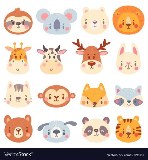 Cute Animal Faces Color Animal Portraits Vector Image