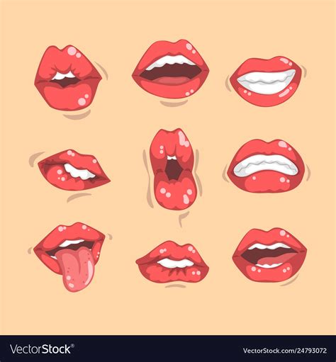 Set Red Women S Lips With Different Emotions Vector Image
