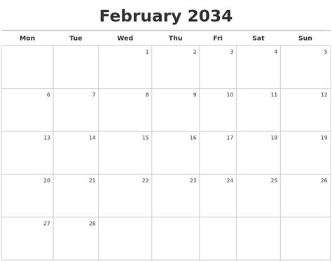 February 2034 Calendar Maker