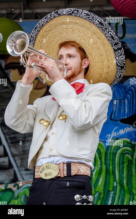 Male Mariachi Trumpet Player Wearing Traditional Mexican Mariachi Stock