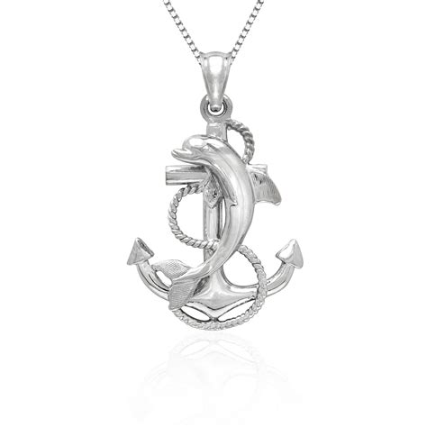 Sterling Silver Dolphin Anchor Necklace Pendant With 18 Box Chain