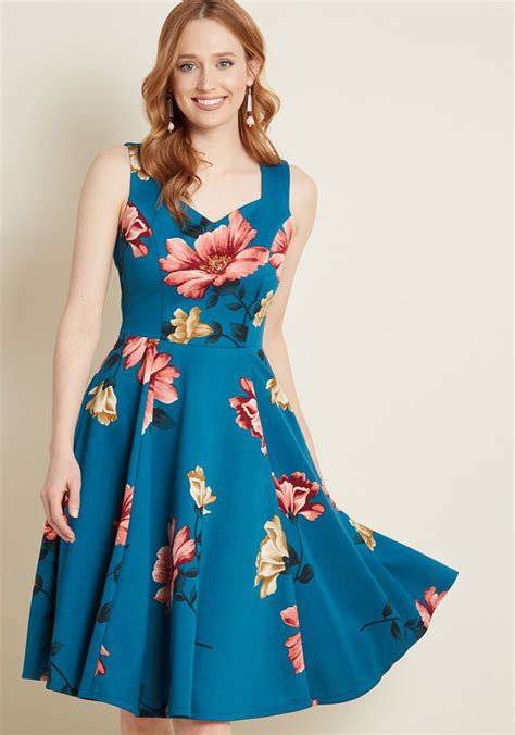 Measured Magnificence Fit And Flare Dress In Teal Floral Pin Up Dresses