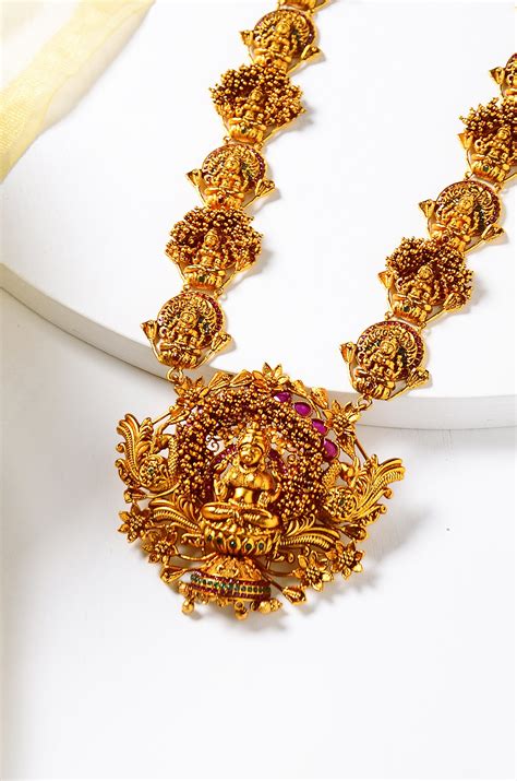 gold plated south indian lakshmi temple work long necklace set etsy