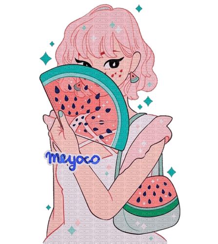 Art And Collectibles Anime Girl With Watermelon Digital Prints Pe