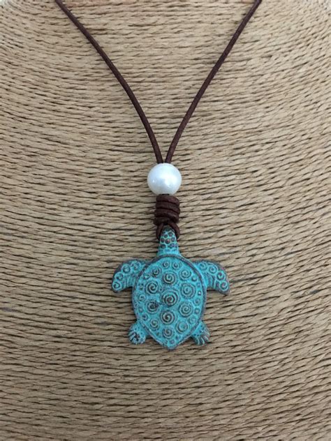 Turtle Leather Freshwater Pearl Necklace And Green Patina Turtle
