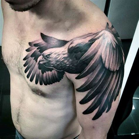 Shoulder And Chest Mens Realistic Shaded Eagle Tattoos Eagle Chest