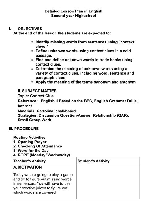 Detailed Lesson Plan In English Second Y Detailed Lesson Plan In