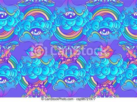 Psychedelic Vector Seamless Pattern Trippy Butterflies All Seeing Eye