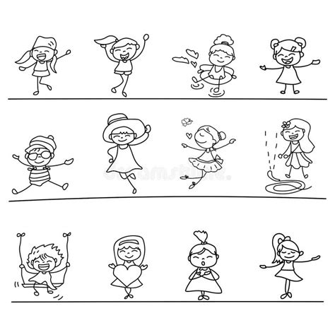 Set Of Hand Drawing Abstract Happy Cute Girls Line Art Stock Vector