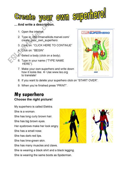 Create Your Own Superhero Key Esl Worksheet By Dietze