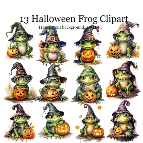 13 Watercolor Halloween Frog Digital Clipart Cute Frog With Pumpkin