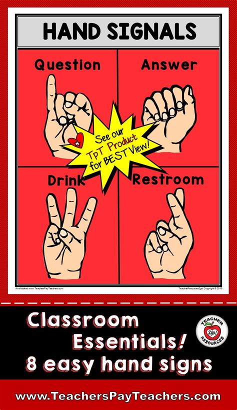Classroom Management Hand Signalssigns 10 Posters 3 Sizes And 10 Color