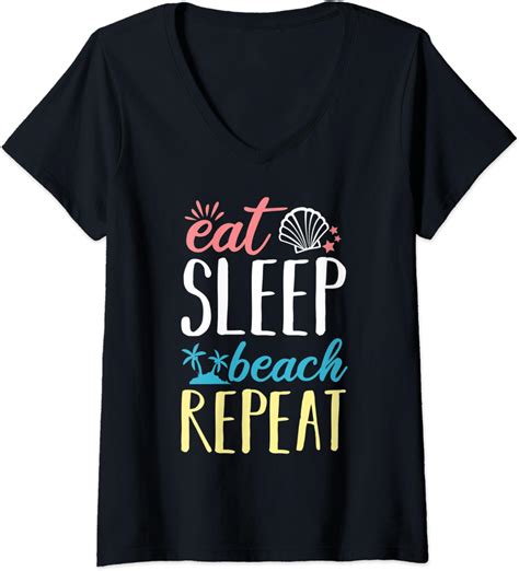Womens Eat Sleep Beach Repeat Funny Island Swimming Relaxing Quotes V Neck T Shirt
