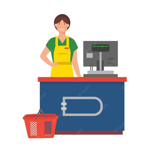 Cashier man at checkout counter. Counter desk, cash register and - Clip