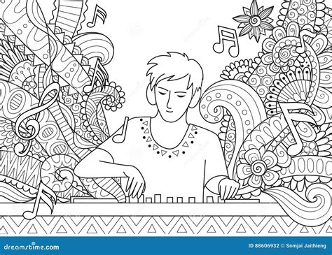 Dj Playing Music Line Art Design For Adult Coloring Book Page Vector