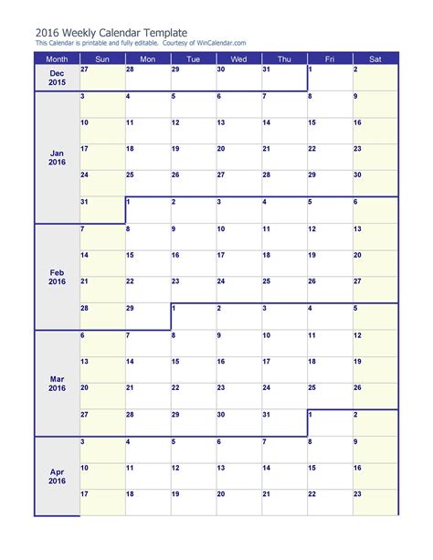 weekly printable calendar template