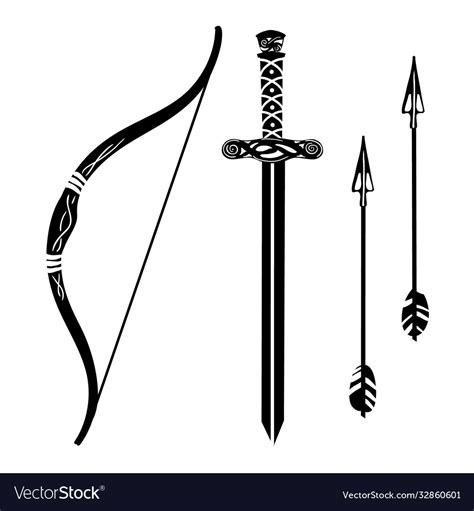 Set Weapons Black Silhouette Bow Arrow Sword Vector Image