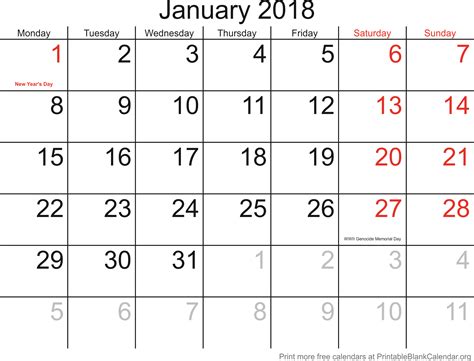 Printable Calendar January 2018 Printable Blank