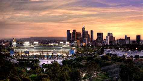 Dodger Stadium And Downtown Los Angeles California Sunset Baseball