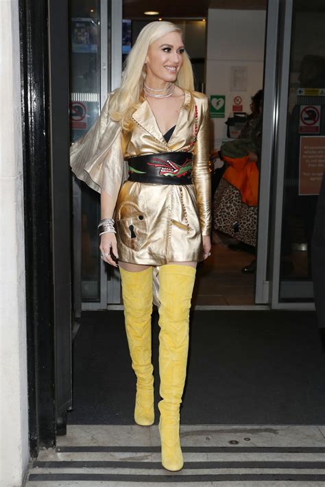 Gwen Stefani Wears Golden Minidress Thigh High Yellow Boots In London Footwear News