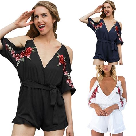 Rompers Womens Jumpsuit 2017 Summer Playsuit Off The Shoulder Deep V Neck Strap Floral