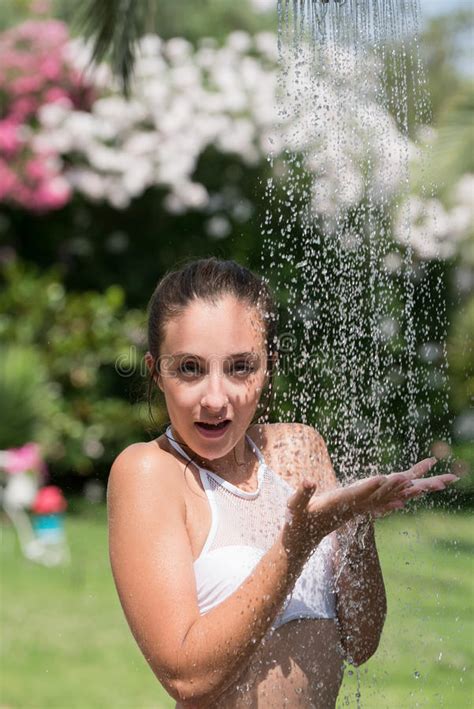 Girl Wear Bikini Standing Under The Outdoor Pool Shower Stock Image Image Of Flowers Sensual