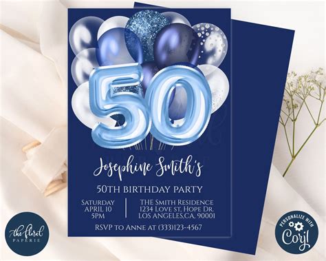 50th Birthday Invitation Template Editable Blue and White | Etsy