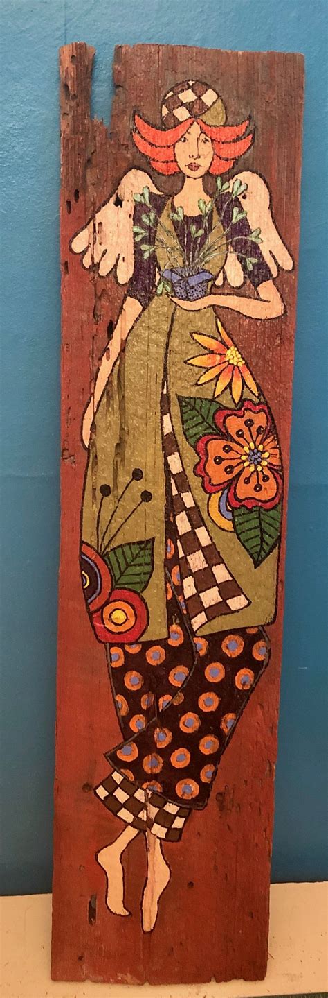 Whimsical Folk Art Angel Ooak Acrylic On Recycled Old Barn Board Art