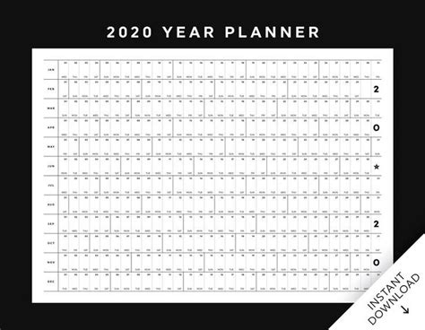2020 Year At A Glance Calendar Printable Year Planner Wall Etsy