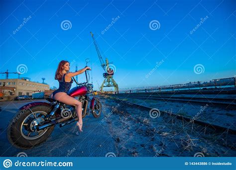 Red Haired Woman In Lingerie In High Heels Sits On A Motorcycle Attractive Red Haired Girl Sits