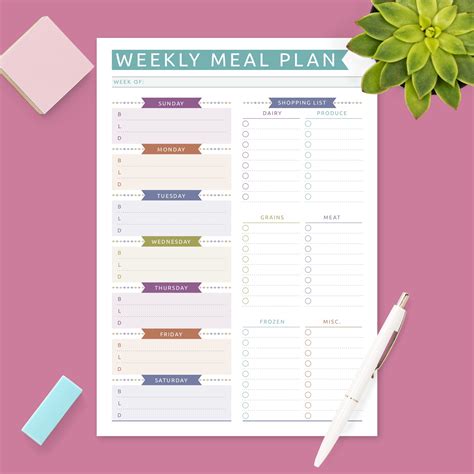 Weekly Menu Planner And Grocery List Colored Template Printable Pdf