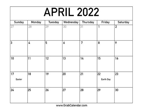 April 2022 Easter 2022 Calendar