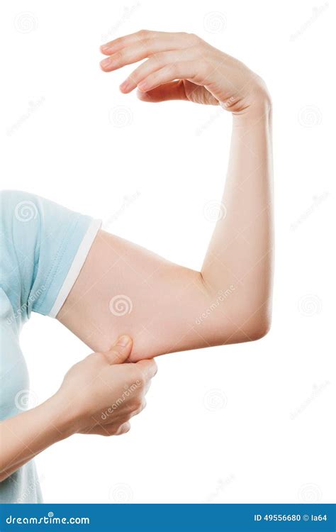 Overweight Woman Hand Holding Or Pinching Weak Flabby Triceps Mu Royalty Free Stock Image