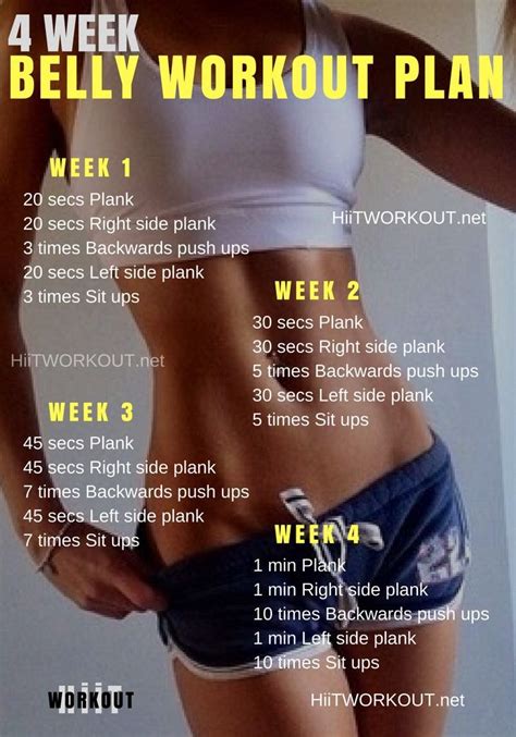 6 week workout plans 6 week workout plans organize multiple training sessions over the span of a 6 week macrocycle. 4 Week Belly Workout Plan | Belly workout plan, Weekly ...