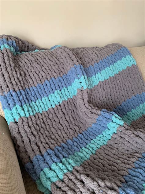 Teal Gray And Blue Throw Handmade Chunky Knit Blanket Etsy Chenille