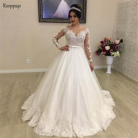 Vintage Wedding Dress 2019 Princess Long Sleeve Sheer Beaded Lace
