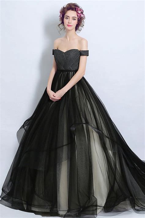 Ball Gown Off The Shoulder Gothic Black Tulle Ruffle Wedding Dress
