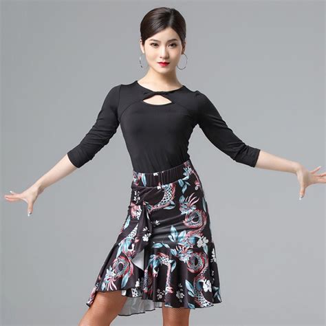 Womens Latin Dance Practice Clothes Modal Shirt Printed Ruffle Skirt Professional Female