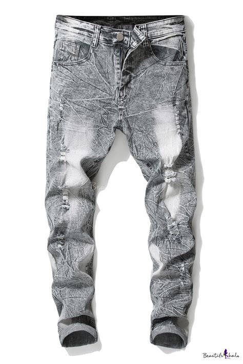 Mens Retro Bleach Washed Distressed Straight Light Grey Ripped Jeans