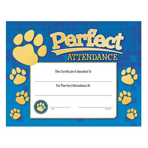 Perfect Attendance Paw Design Gold Foil Stamped Certificate