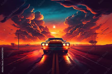 A Car Driving Down A Road With A Sunset In The Background And Clouds In