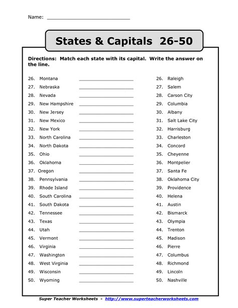 Printable List Of 50 States And Capitals