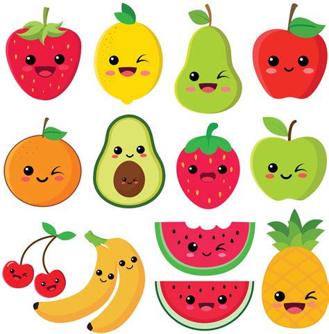 Cute Fruits Happy Cute Set Of Smiling Fruit Faces Vector Set Of Flat